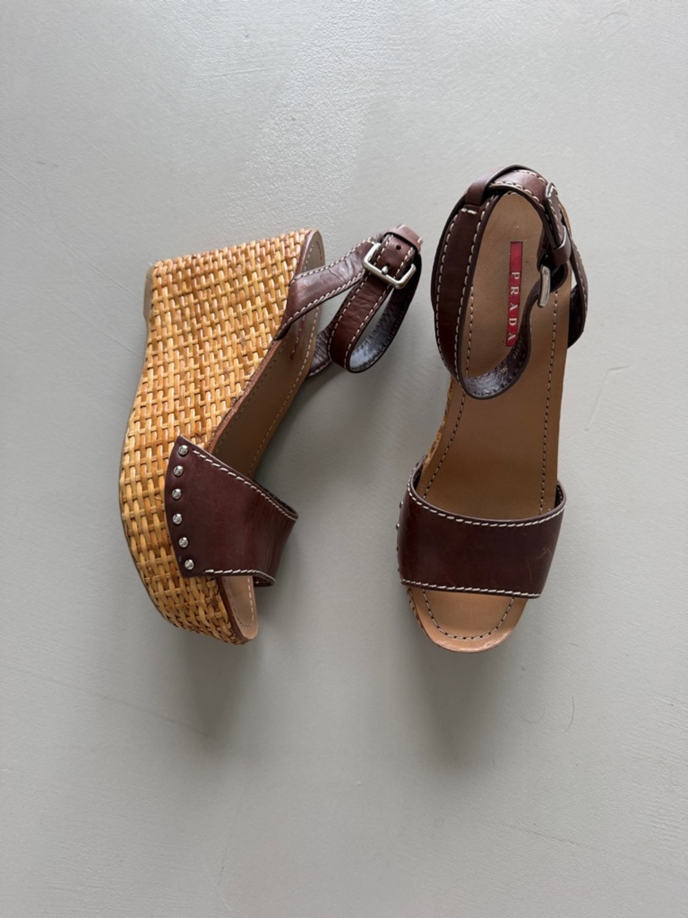 Prada Brown Leather Wedge Sandals with Woven Platform